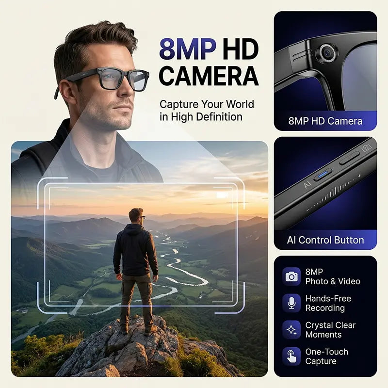 AI Smart Glasses with 8MP HD Camera, Bluetooth Audio, Hands-Free Capture, Real-Time Translation, and Photochromic Lenses for Versatile Use