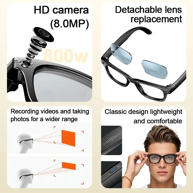 AI Smart Glasses with 8MP HD Camera, Bluetooth Audio, Hands-Free Capture, Real-Time Translation, and Photochromic Lenses for Versatile Use