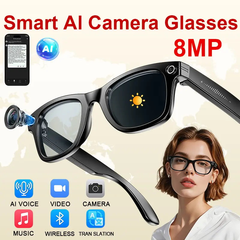 AI Smart Glasses with 8MP HD Camera, Bluetooth Audio, Hands-Free Capture, Real-Time Translation, and Photochromic Lenses for Versatile Use