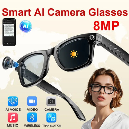 AI Smart Glasses with 8MP HD Camera, Bluetooth Audio, Hands-Free Capture, Real-Time Translation, and Photochromic Lenses for Versatile Use